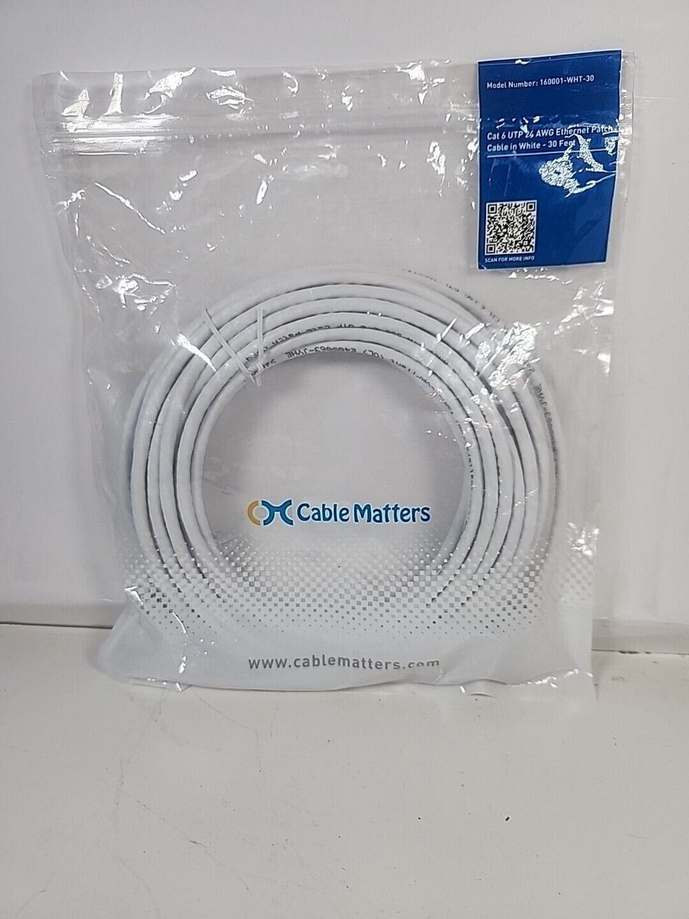 Cable Matters 160001-WHT-30 White Cat 6 UTP 24 AWG Ethernet Patch Cable 30 Feet